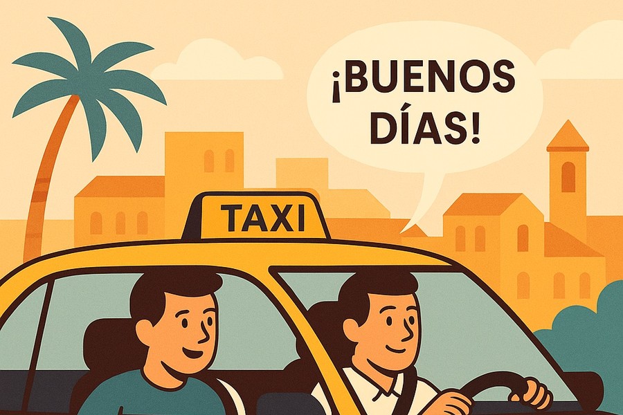 Illustratie van een reiziger die Spaans spreekt in een taxi in Spanje.
